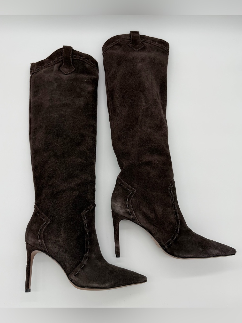 Schutz Eliana Brown Suede Western Knee-High Stiletto Boots – Size 8.5 - Picture 4 of 12